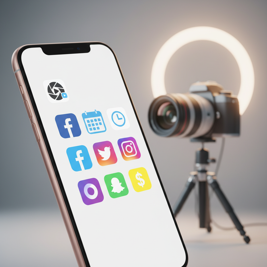 Un écran de smartphone affichant diverses applications d'édition, de planification et de médias sociaux. - Le setup OnlyFans parfait à moins de 200€ : Ringlight, Appareil photo & Applications illustration