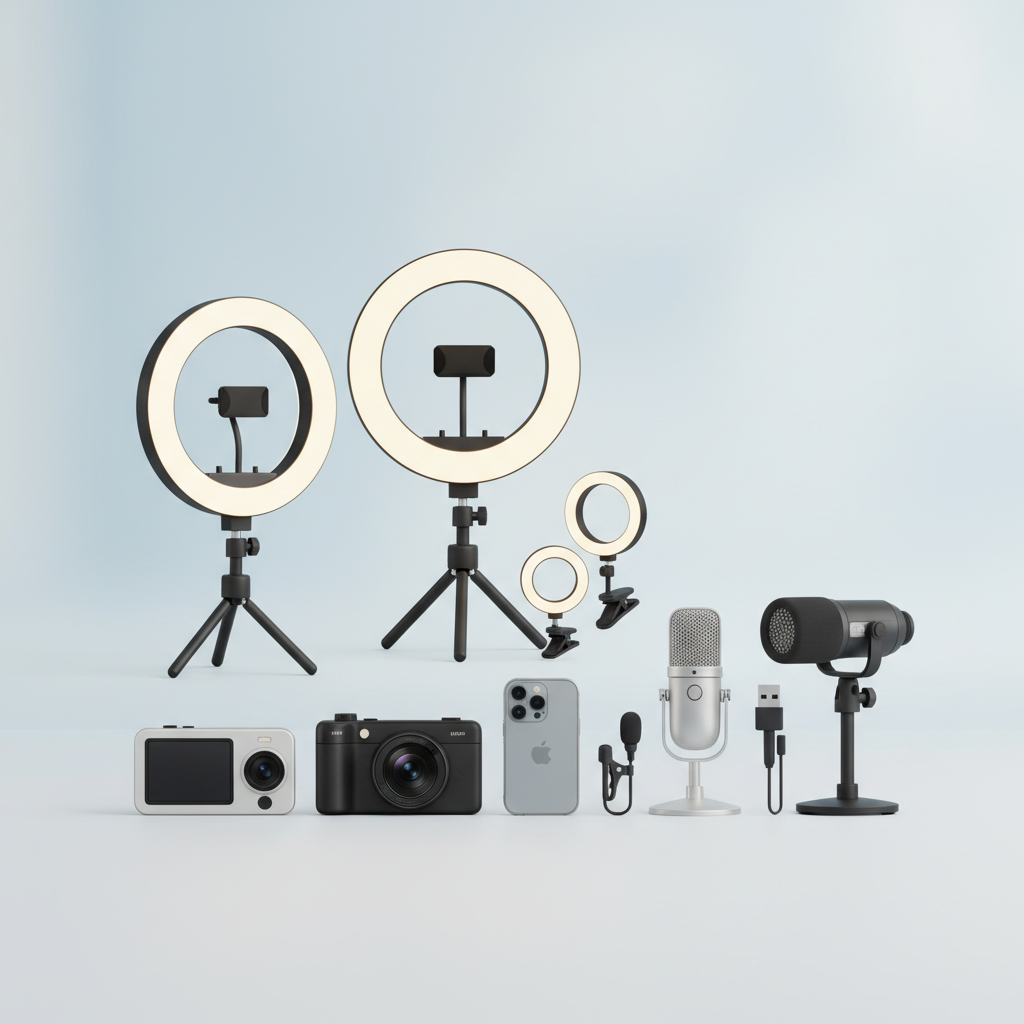 Une collection de ring lights abordables, de caméras de smartphone et de microphones soigneusement agencés. - Le setup OnlyFans parfait à moins de 200€ : Ringlight, Appareil photo & Applications illustration