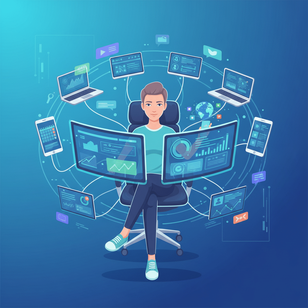 Une personne gérant de manière autonome plusieurs appareils numériques, représentant l'autogestion et le contrôle. - Illustration Agence OnlyFans vs. Autogestion