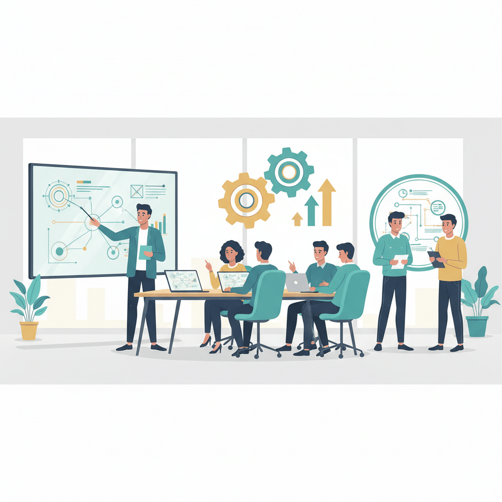 Une équipe de professionnels travaillant en collaboration sur des ordinateurs portables et des tableaux blancs, symbolisant le soutien et la croissance d'une agence. - Illustration Agence OnlyFans vs. Autogestion