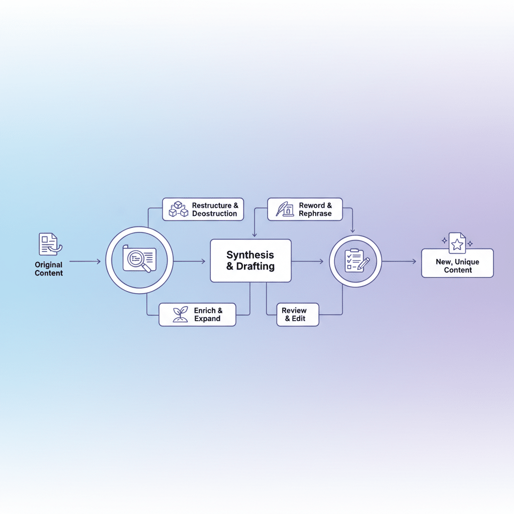 Infographie montrant un flux de travail de réécriture de contenu - Réécrire : https://bunny-agency.es/onlyfans-blog/test/ illustration