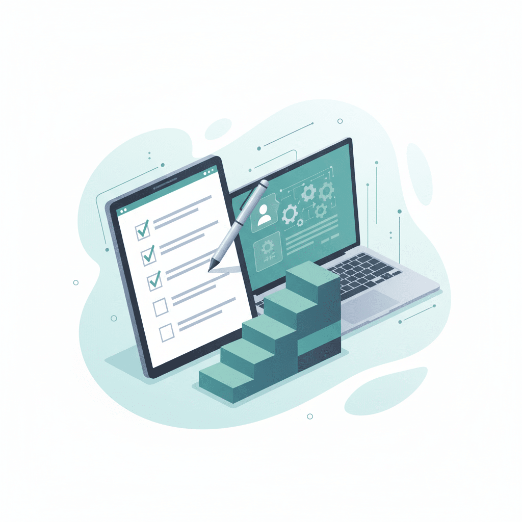 Une checklist avec un stylo et un ordinateur portable, symbolisant des étapes concrètes. - Réécriture : https://bunny-agency.com/onlyfans-blog/test/ illustration