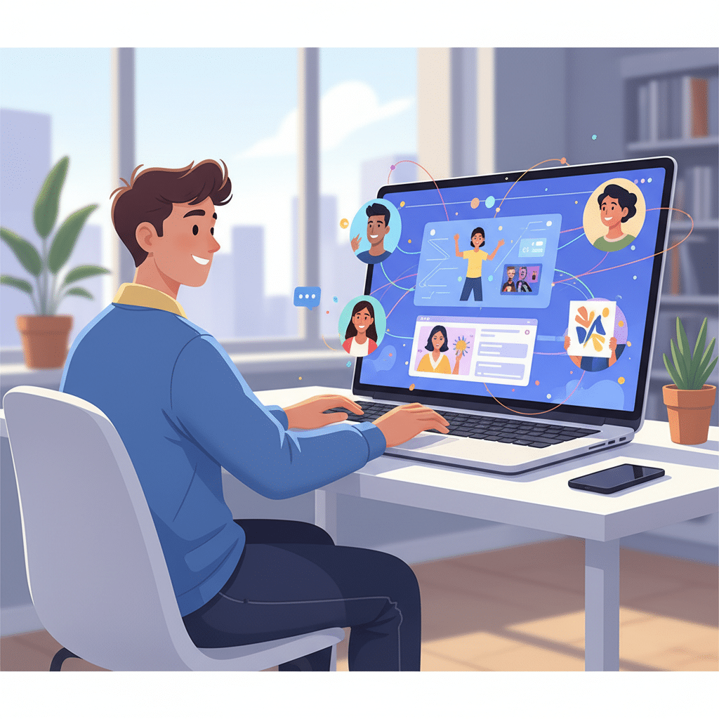 Une créatrice interagissant avec des fans sur un ordinateur portable, montrant un contenu engageant. - Réécrire : https://bunny-agency.com/onlyfans-blog/test/ illustration